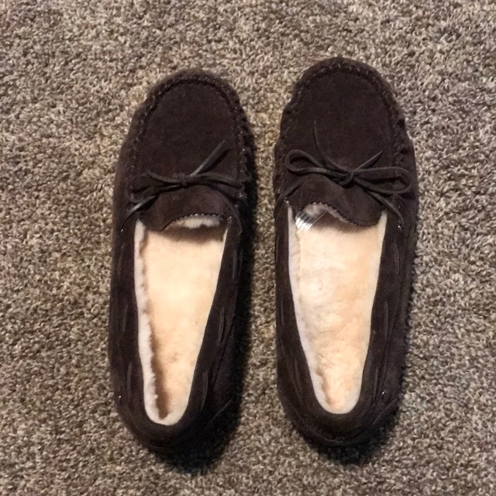 Abeo women’s brown suede leather moccasin slipper.